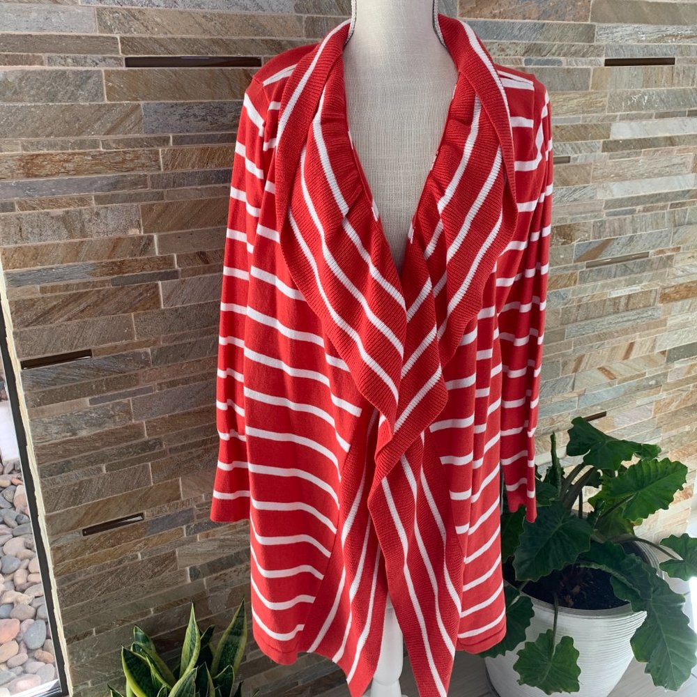 LIZ LANGE RED / WHITE SWEATER CARDIGAN SZ XL NWT